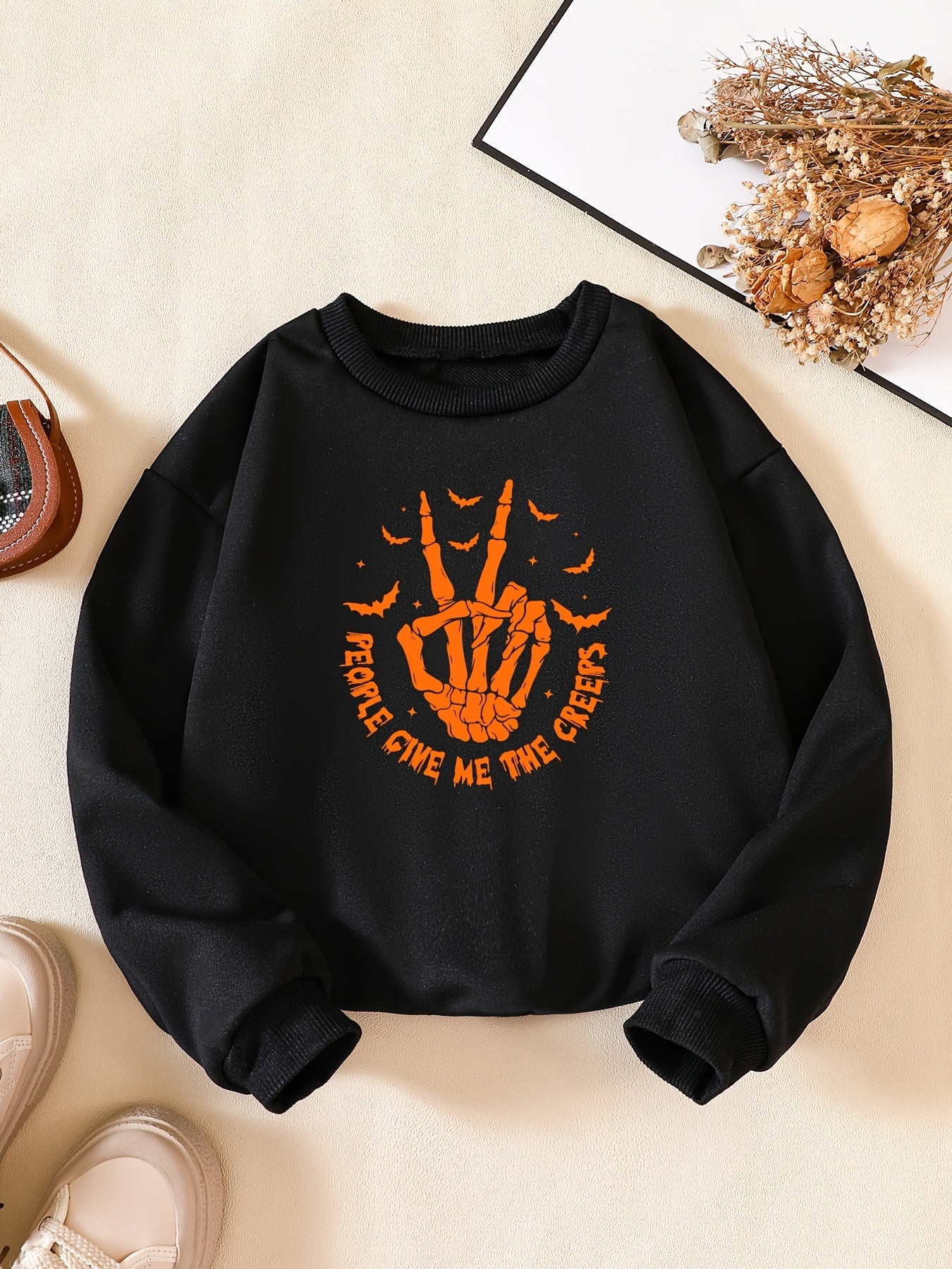Halloween Funny Skeleton Hand Print Boys Sweatshirt Long Sleeve Crew Neck Tops