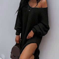  Sexy Sweater Dress One Shoulder Lantern Sleeve V Neck