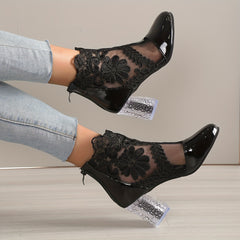 Floral Mesh High Heels Round Toe Chunky Heels Patent Leather Pumps