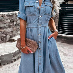 Casual Denim Dress with Flap Pockets & Rolled Sleeves