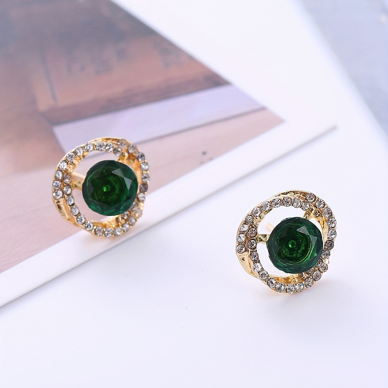 Emerald Crystal Floral Stud Earrings Retro Style 18K Plated Jewelry