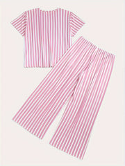  Striped Pattern Pajamas Set Short Sleeve Top & Pants 2 Piece