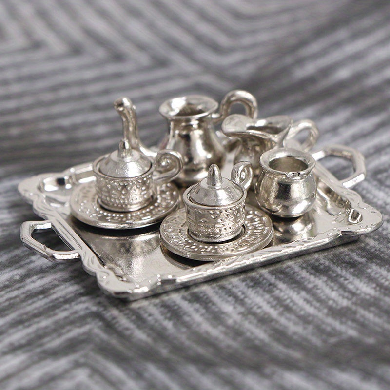 10pcs 1:12 Dollhouse Silver Metal Tea Coffee Tray Tableware Set