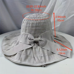Striped Bucket Hat Wide Brim Bowknot Decor UV Protection Travel Beach Hat