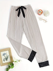 Striped Lace Trim Sleep Bottoms Casual & Comfy Bow Decor Sleep Pants