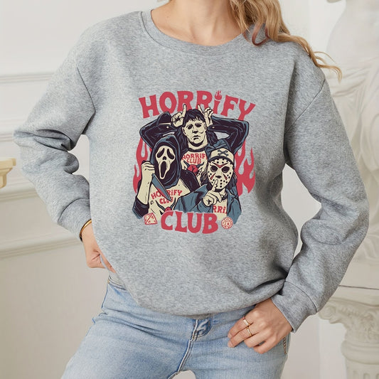 Horrify Club Print Sweatshirt Long Sleeve Women's Casual Crew Neck