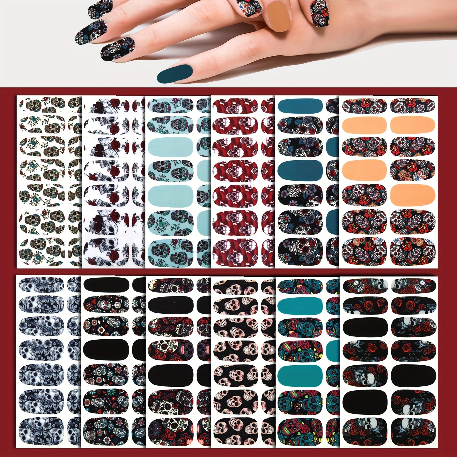 14 Sheets Halloween Nail Wraps Art Stickers Skull Pattern DIY Self Adhesive