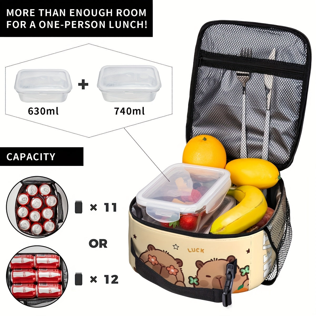 Customizable Capybara Lunch Bag Leakproof Insulated Cooler Large Capacity
