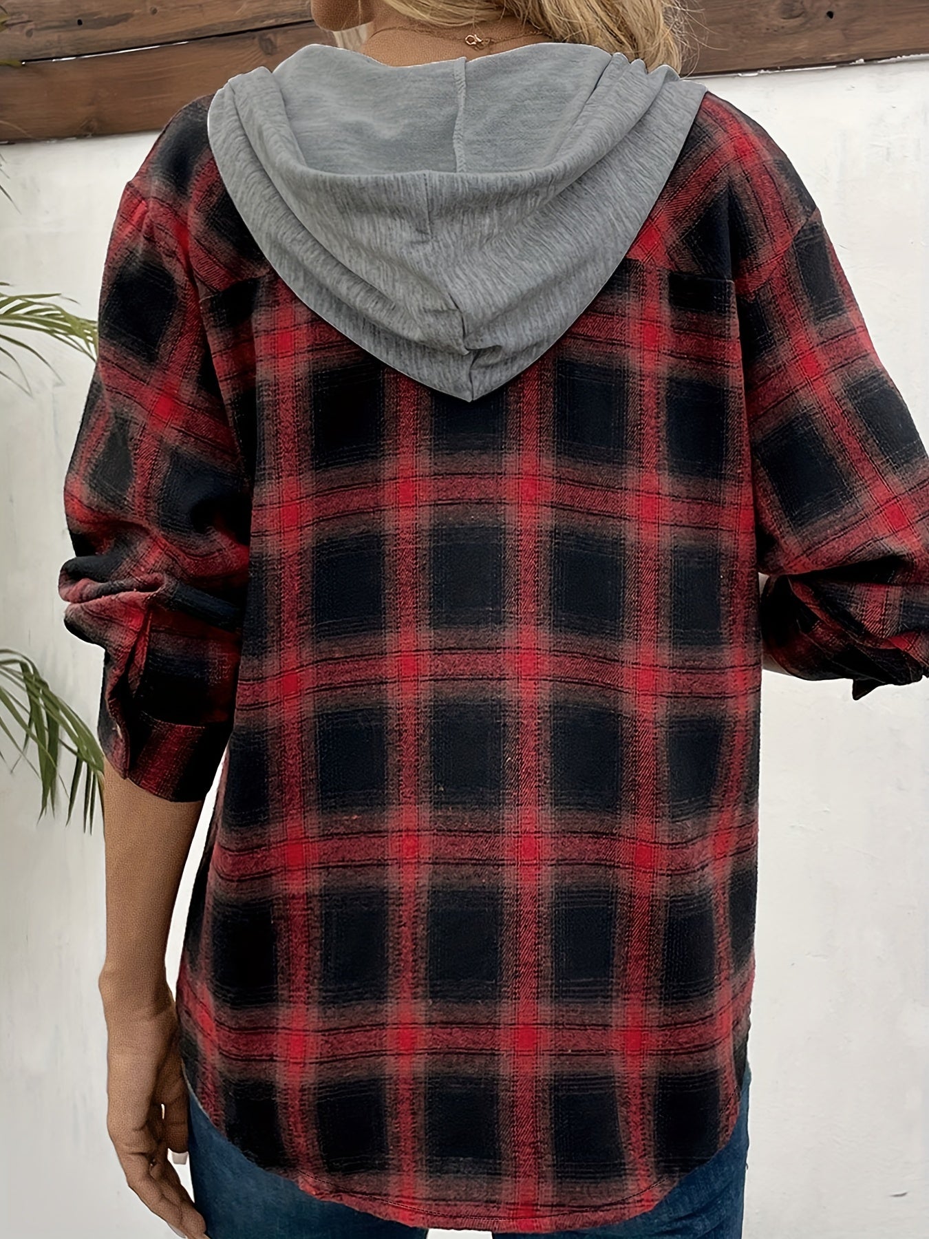  Colorblock Plaid Hooded Shacket