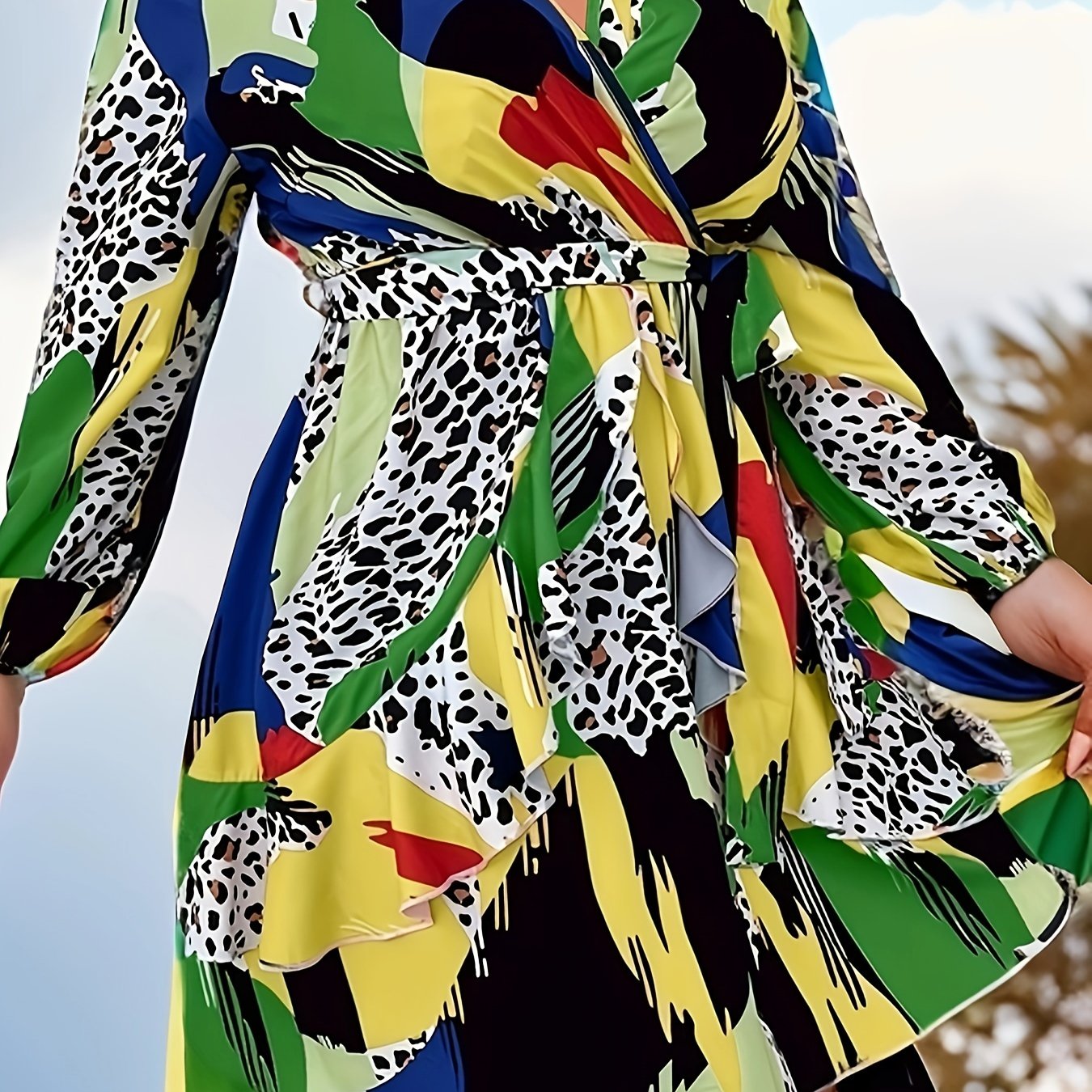  Colorblock Leopard Print Ruffle Long Sleeve Dress