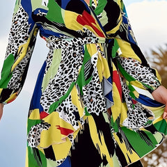  Colorblock Leopard Print Ruffle Long Sleeve Dress