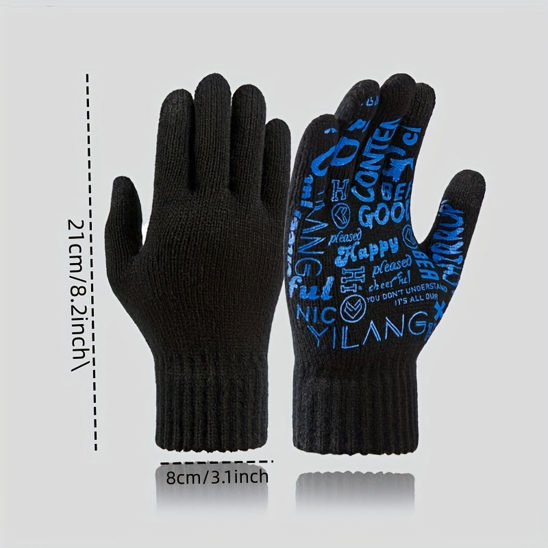 Winter Letter Printed Warm Knitted Gloves Touch Screen Thick Gloves
