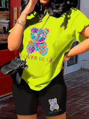 Lover Bear Print Two Piece Outfit Short Sleeve Crew Neck T Shirt & Shorts