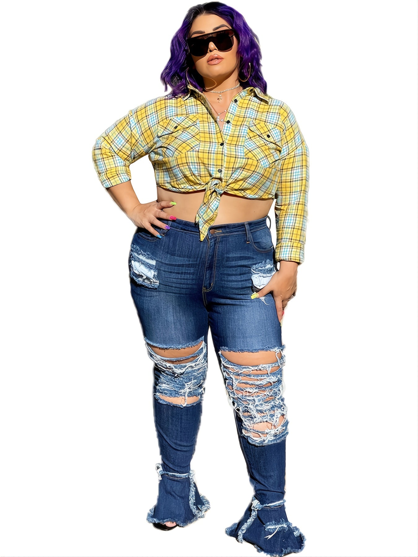  High Rise Ripped Flared Jeans Women's Plus Casual Slight Stretch Bell