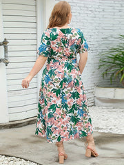 Plus Size Tropical Print V Neck Midi Dress