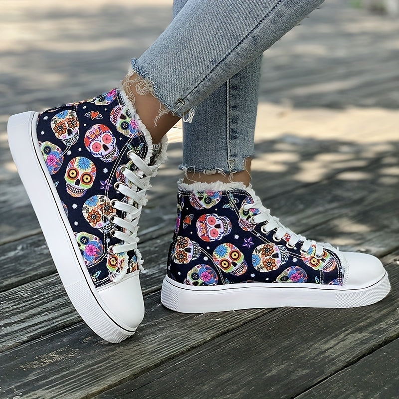 Women's Skull Graphic High Top Canvas Sneakers Lace Up Trainers