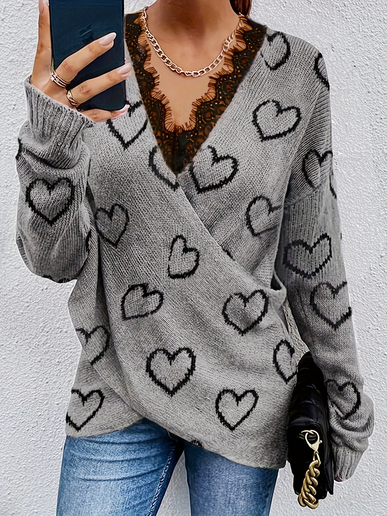  Heart Pattern Lace Long Sleeve V Neck Knit Sweater