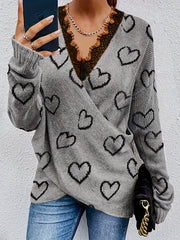  Heart Pattern Lace Long Sleeve V Neck Knit Sweater