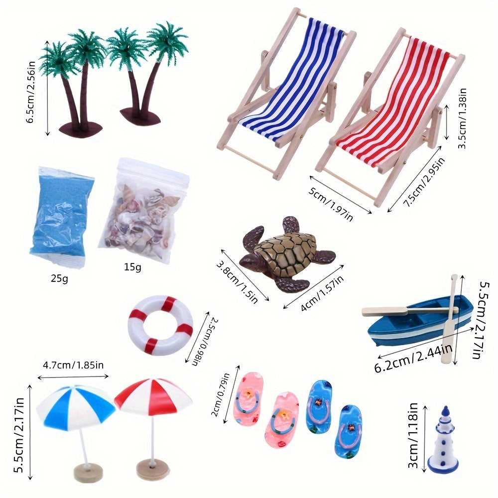 Summer Beach Dollhouse Set with Wooden Chairs, Plastic Seashells, and Umbrellas