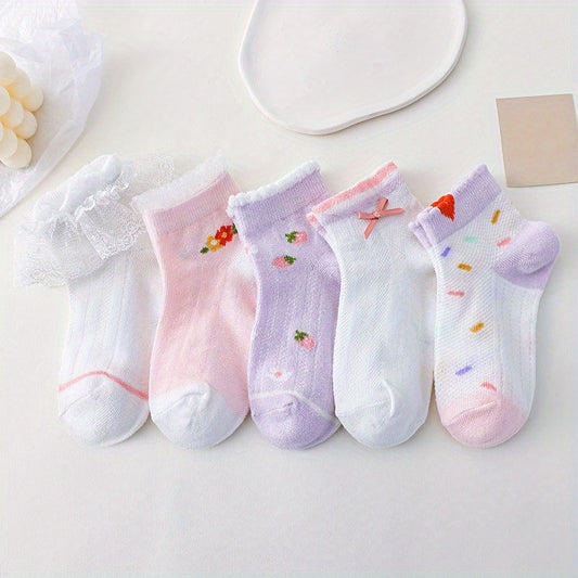 5 Pairs Cartoon Ruffled Flower Breathable Socks for Girls