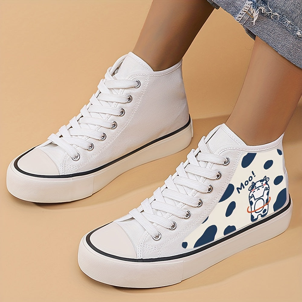 Cow Print Flat Heighten Chunky Canvas Sneakers