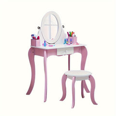 Girls Vanity Set with Mirror and Stool 2 in 1 Top Rotatable Mirror