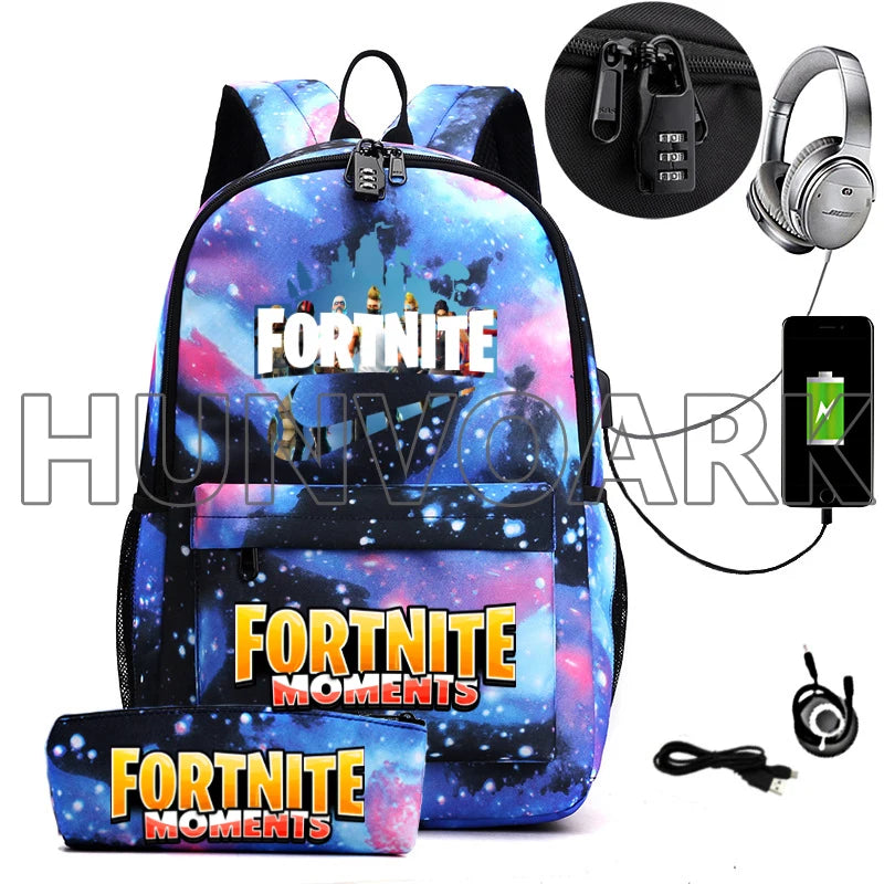 2PCS USB Charging School Backpack Games Unisex Teenager Travel Mochilas