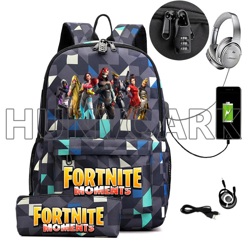 2PCS USB Charging School Backpack Games Unisex Teenager Travel Mochilas