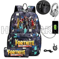 2PCS USB Charging School Backpack Games Unisex Teenager Travel Mochilas