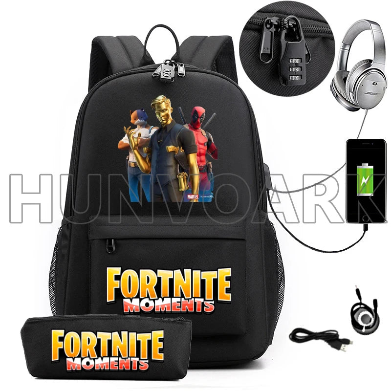 2PCS USB Charging School Backpack Games Unisex Teenager Travel Mochilas