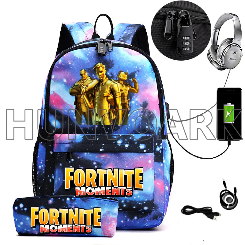 2PCS USB Charging School Backpack Games Unisex Teenager Travel Mochilas