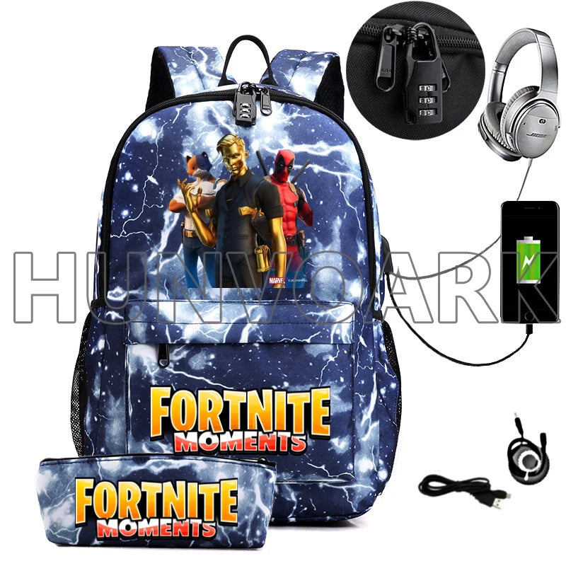 2PCS USB Charging School Backpack Games Unisex Teenager Travel Mochilas