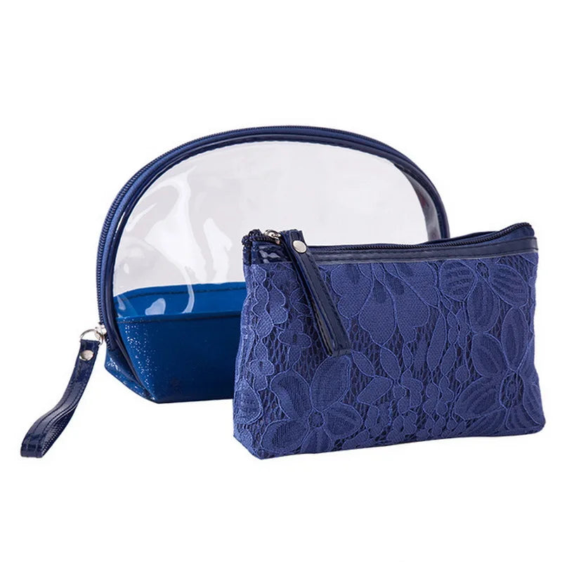 2PCS Lace Cosmetic Bag Transparent PVC Travel Toiletry Bag Zipper Purse BB68