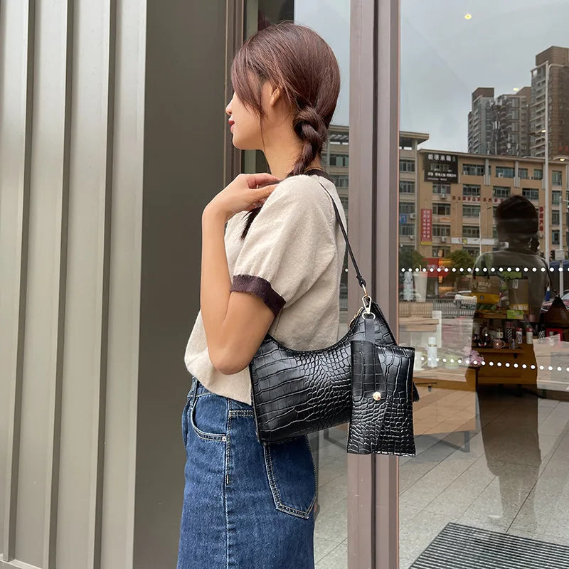 2Pcs Women Underarm Shoulder Bag Leather Totes Solid Messenger Bags