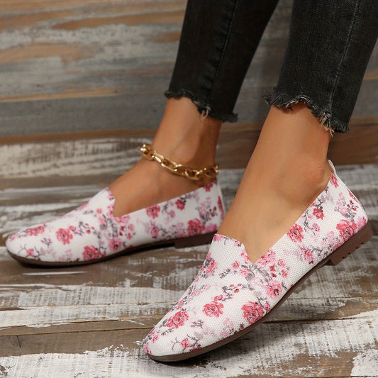 Floral Print Flat Shoes Square Toe Breathable Knit Lightweight Walking Shoes