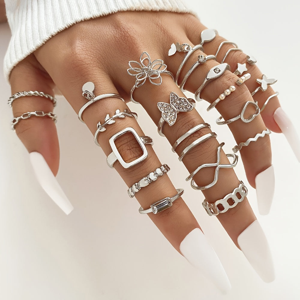 23pcs Exaggerated Flower Butterfly Rhinestone Pearl Ring Set Women's Joint Ring