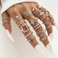 23pcs Exaggerated Flower Butterfly Rhinestone Pearl Ring Set Women's Joint Ring