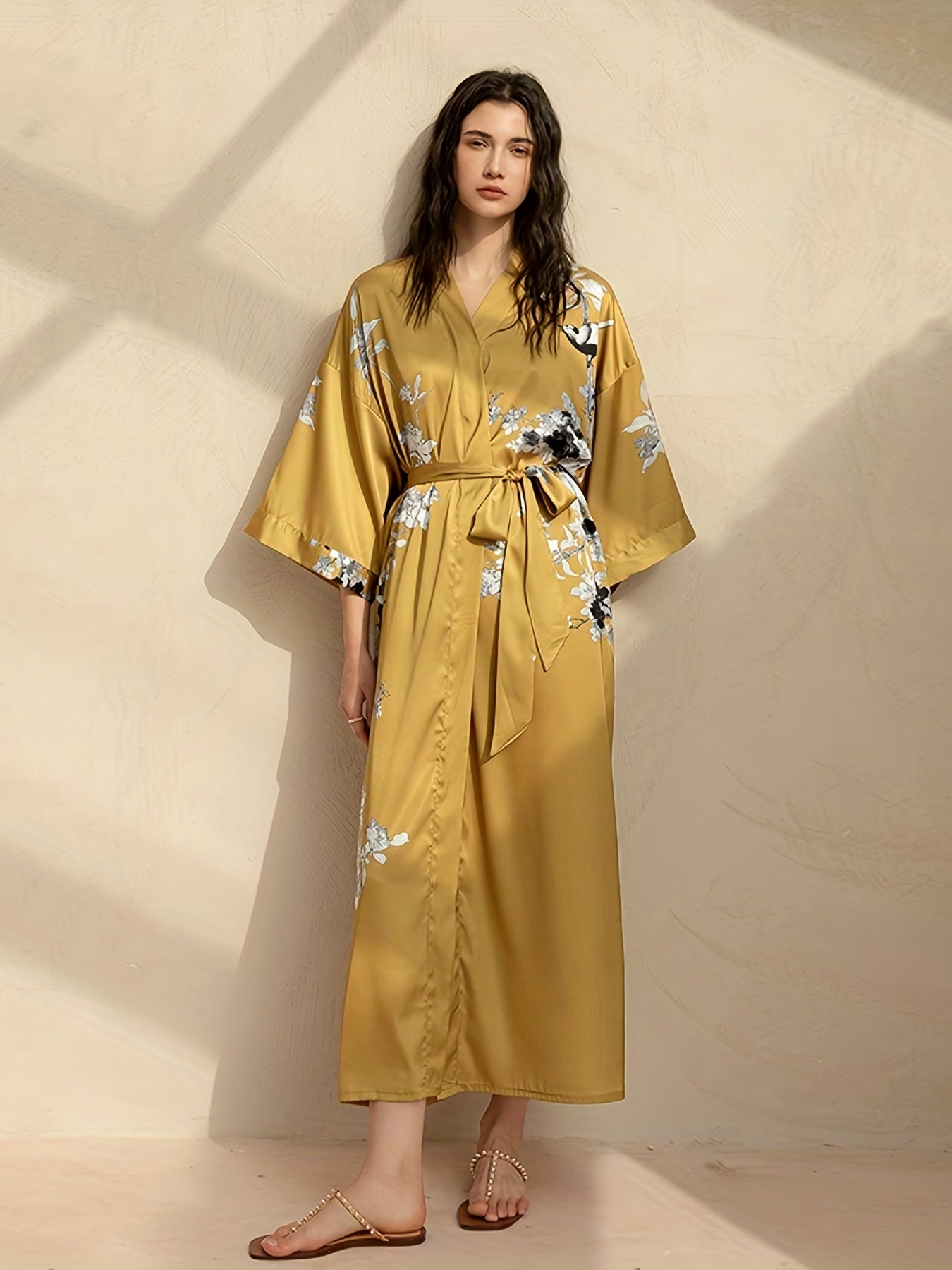  Satin Floral Print Nightgown V-Neck Sleepwear Robe with Belt