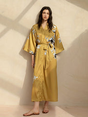  Satin Floral Print Nightgown V-Neck Sleepwear Robe with Belt