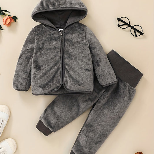Baby Girls Solid Thermal Outfit Zip Up Hooded Coat Trousers Set
