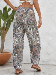 Ethnic Floral Print Pants Casual Shirred Long Length