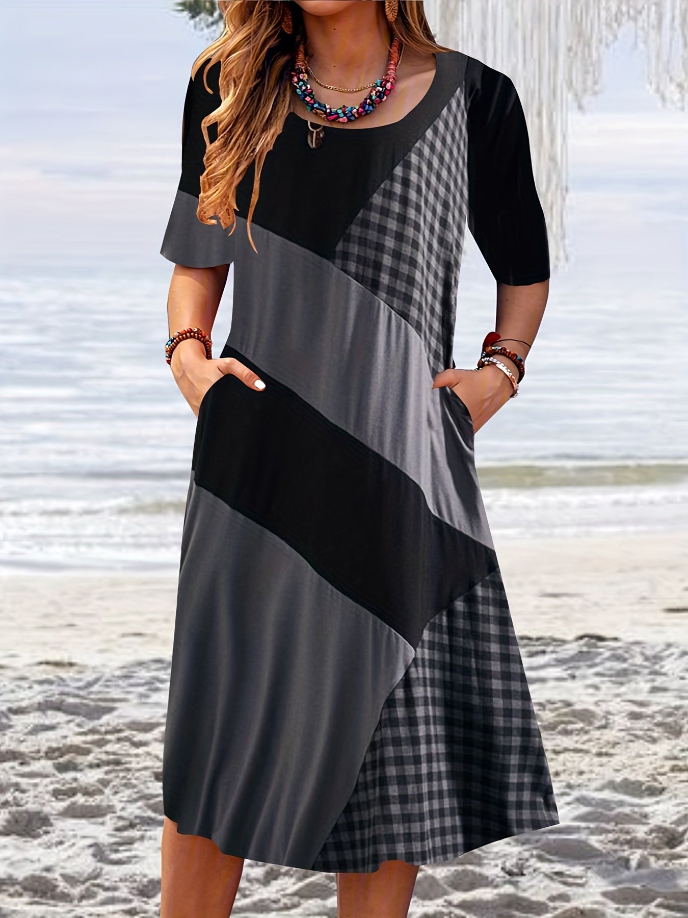 Women's Plus Gingham Print Short Sleeve Dress with Pockets