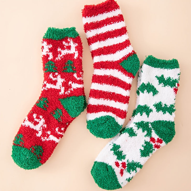 3 Pairs Fuzzy Floor Socks Comfy & Warm Christmas Mid Tube Socks