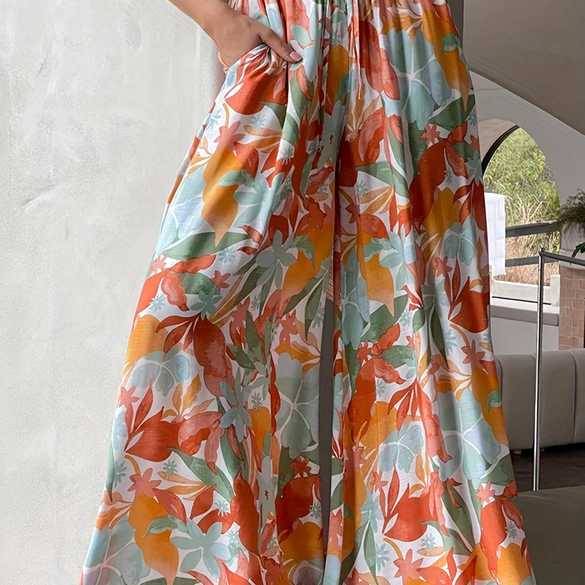 Floral Print Drawstring Palazzo Pants Boho Vacation Elastic Waist Wide Leg Pants