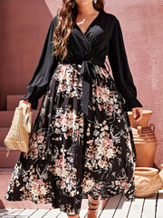 Floral Print Maxi Dress with Flounce Sleeves and Belt