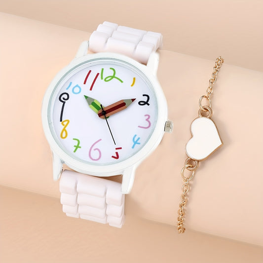 PVC Girls Strip Round Wrist Watch & Heart Bangle Set