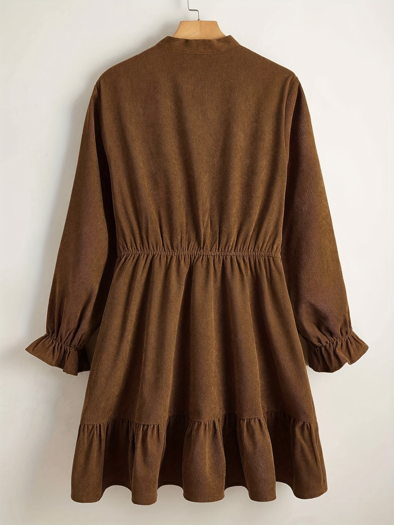  Solid Corduroy Flounce Button Up A line Mini Dress