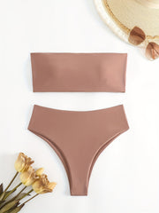 Solid Bandeau Tie Back Bikini Sets High Cut Two Pieces Swimsuit Women's Swimwear
