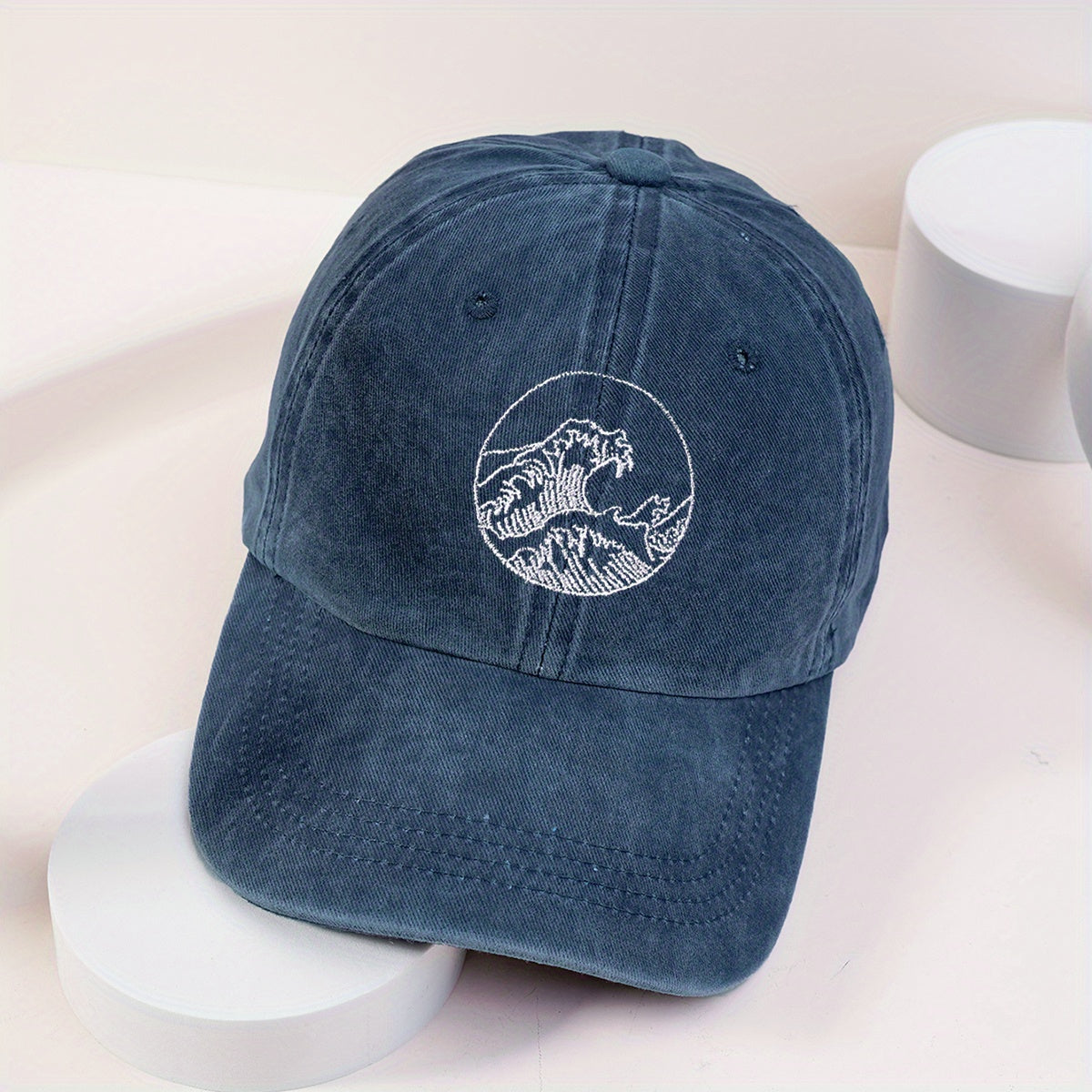 Wave Embroidery Baseball Cap Vintage Washed Distressed Dad Hat