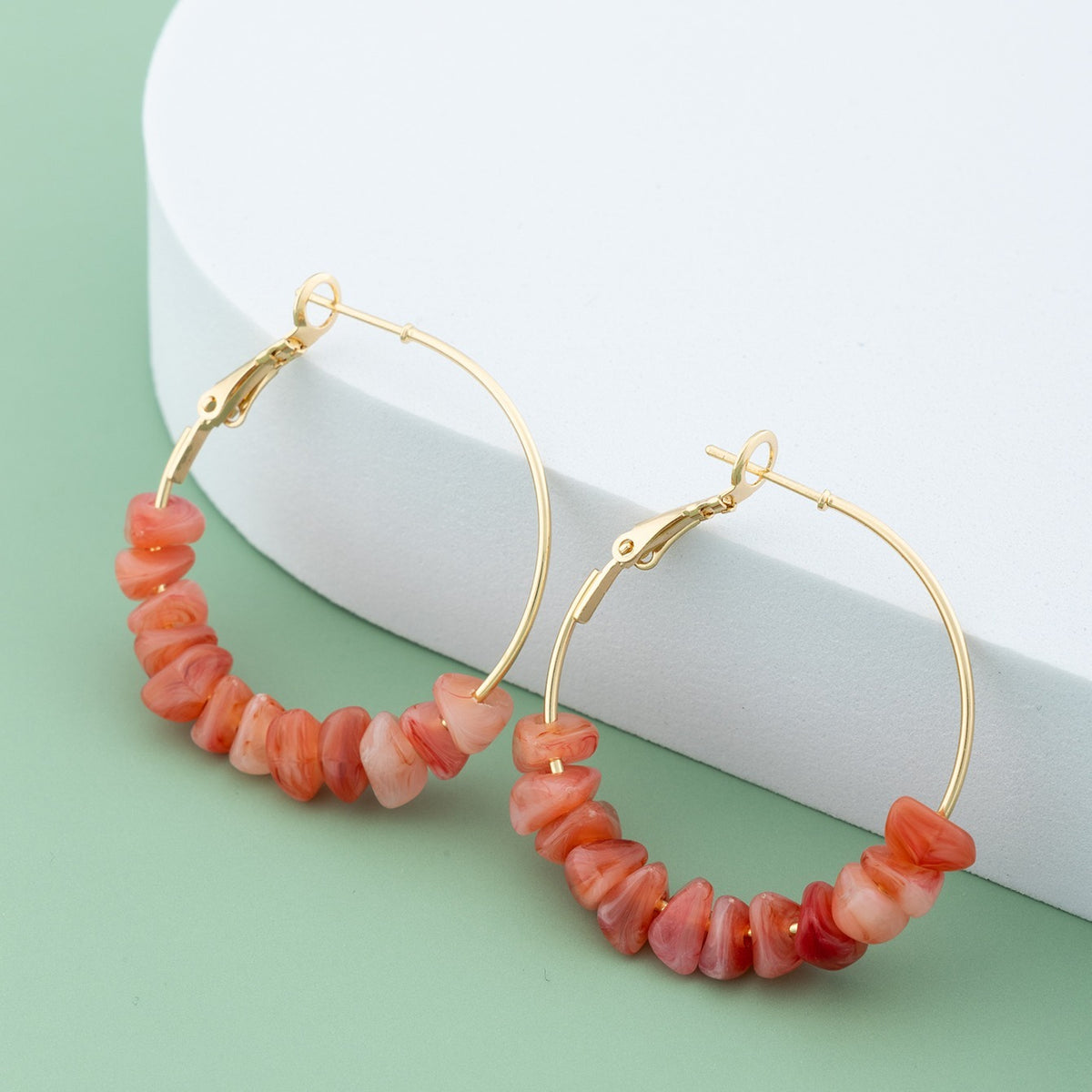 Red Coral Acrylic Round Earrings 14K Plated